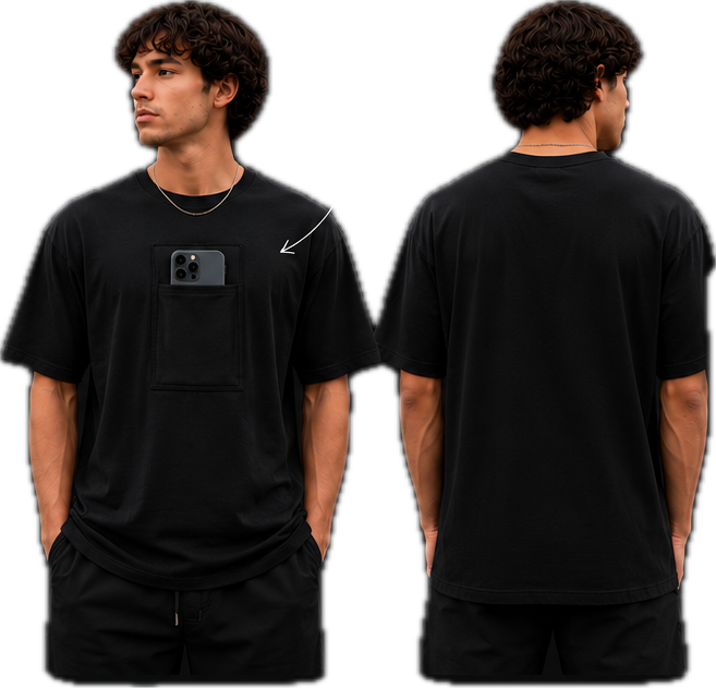 The POV Tee shown front and back, with a phone in the center chest pocket
